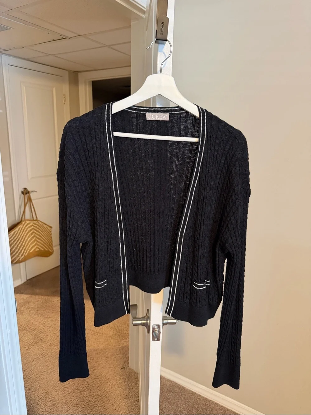 J. Crew Black Cable-Knit Cropped Cardigan and Tank Set with White Trim